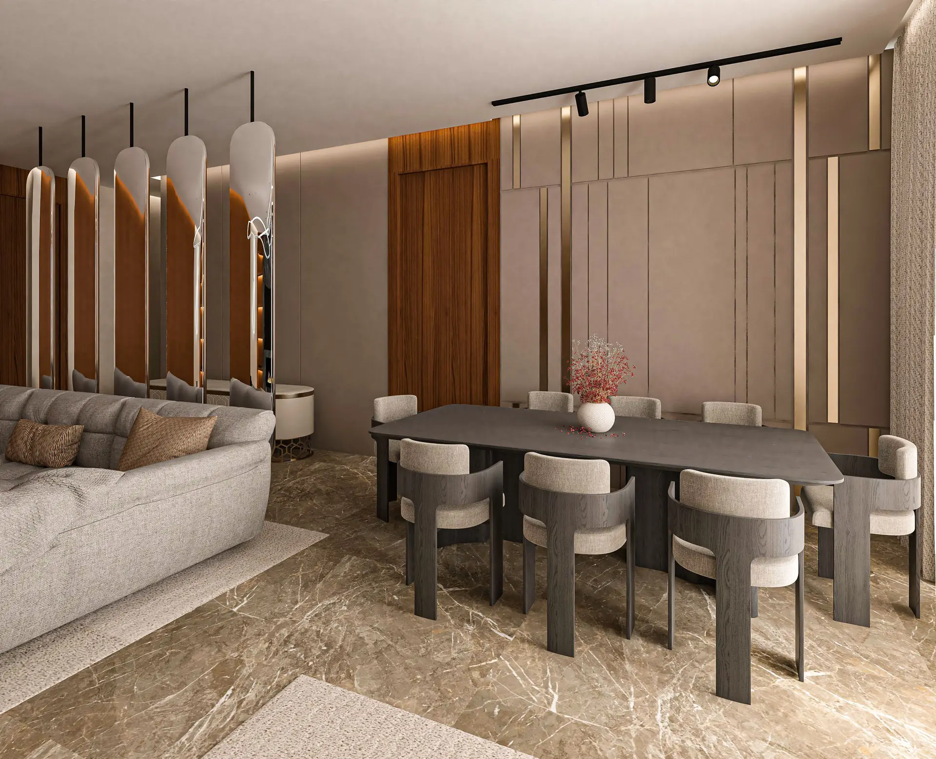 Contemporary interior with warm marble-look flooring