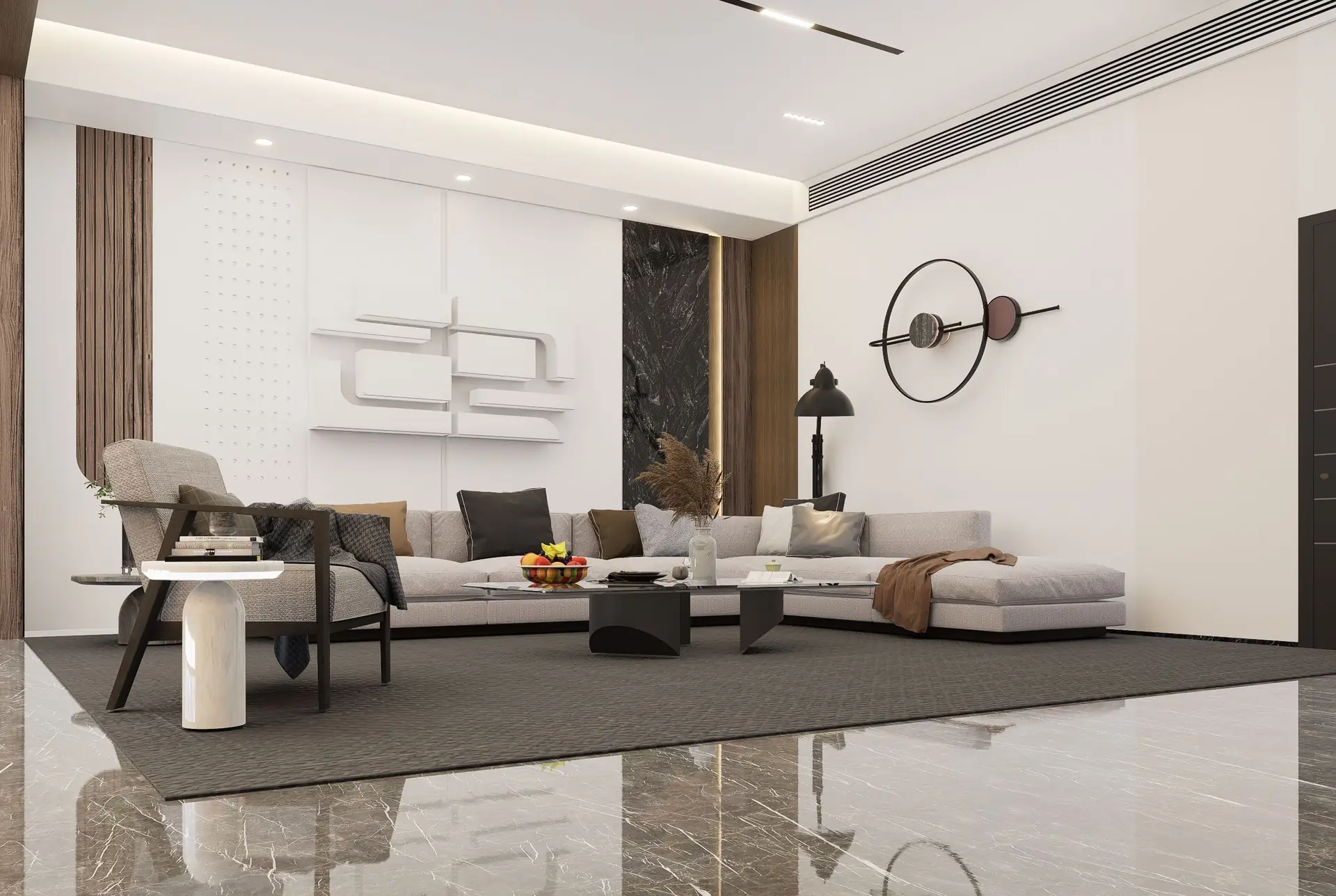 Spacious living room with polished stone-look flooring